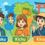和歌山県の地図を紀北・紀中・紀南に色分けし、各地域を象徴する人物が方言の多様性を表しているアイキャッチ画像。