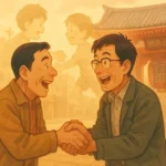 名古屋の懐かしい街角で偶然再会し、驚きと喜びに満ちた表情で握手する二人の旧友。背景には子供時代の二人の姿が淡く重なる。