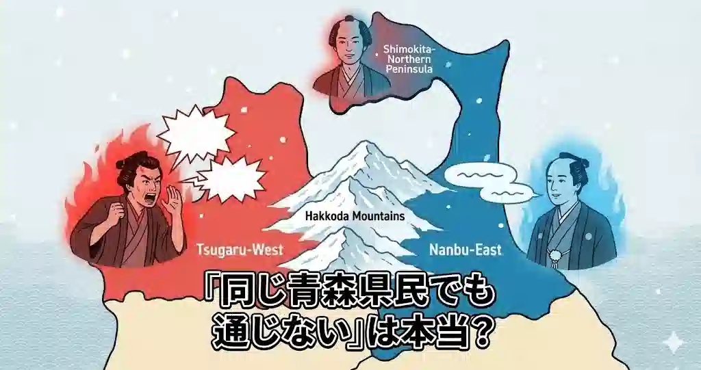 青森県の地図イラスト。中央の八甲田山が壁となり、西側の津軽、東側の南部、北側の下北の3つのエリアに分かれている様子。それぞれの地域のキャラクターが異なる雰囲気で会話している。