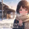 雪の降る青森の駅舎前で、分厚いマフラーに顔をうずめながら、上目遣いでこちらを見つめる頬を赤らめた可愛らしい女性のアニメイラスト