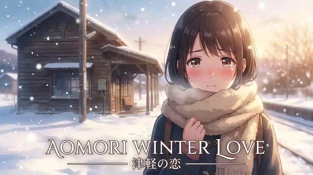 雪の降る青森の駅舎前で、分厚いマフラーに顔をうずめながら、上目遣いでこちらを見つめる頬を赤らめた可愛らしい女性のアニメイラスト