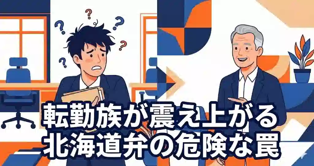 オフィスでファイルを持ち困惑する若手社員と、ゴミ箱を指差す北海道の上司のイラスト。北海道弁の誤解を表現したアイキャッチ。