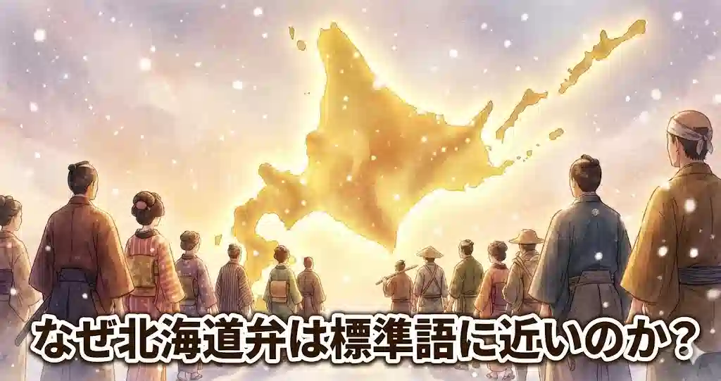 雪の降る北海道のシルエットに向かって、明治時代の様々な服装をした人々が日本全国から集まってくる様子を描いた、言語のるつぼを象徴するイラスト。