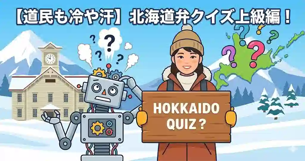 雪景色の北海道を背景に、クイズの看板を持つ女性ガイドと、北海道弁の難しさに混乱して煙を出しているAIロボットのイラスト。