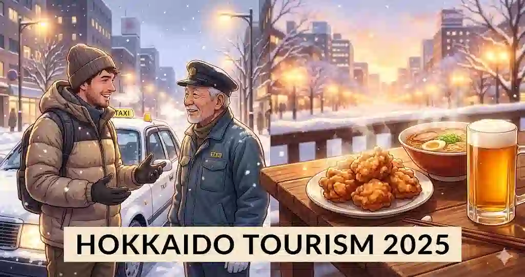雪景色の中での地元の人と観光客の笑顔の交流と、美味しそうな北海道グルメ（ザンギとビール）が描かれた、北海道旅行の魅力を伝えるイラスト。