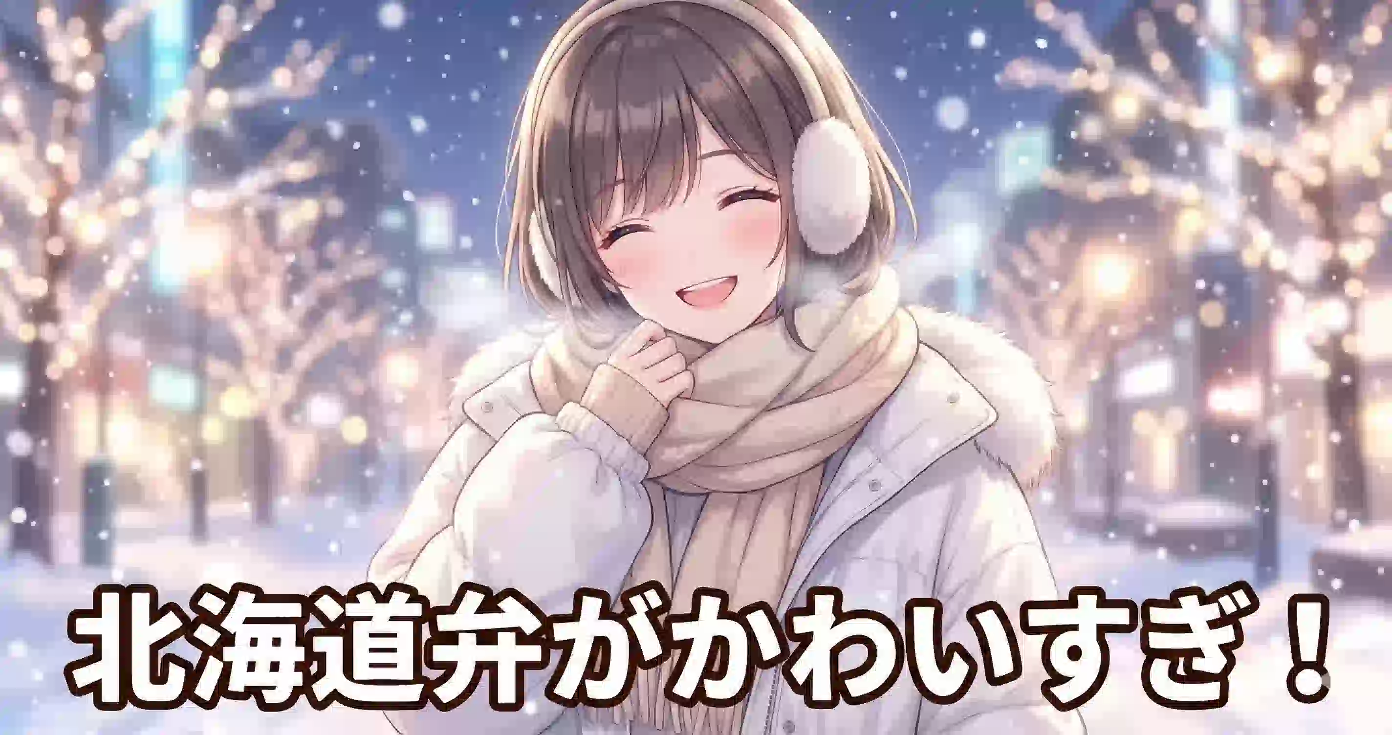 雪が舞う札幌のイルミネーションの中で、白いふわふわのコートを着て、白い息を吐きながらこちらを見つめてあざとかわいく微笑む若い女性のアニメ調イラスト。