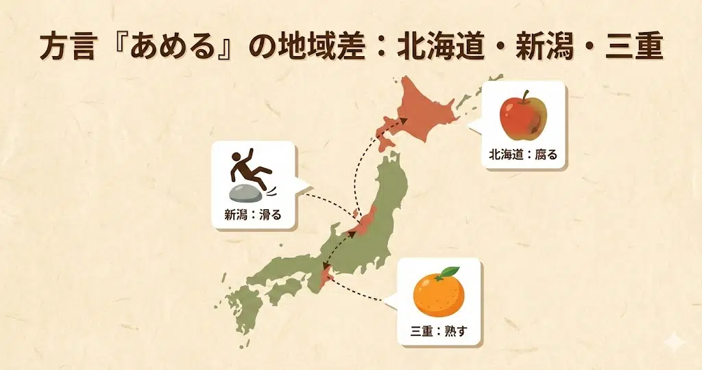 日本地図の上で、北海道（腐る）、新潟（滑る）、三重（熟す）の各地域に異なる意味を表すアイコンが浮かんでいるイラスト。方言「あめる」の地域差を表現。