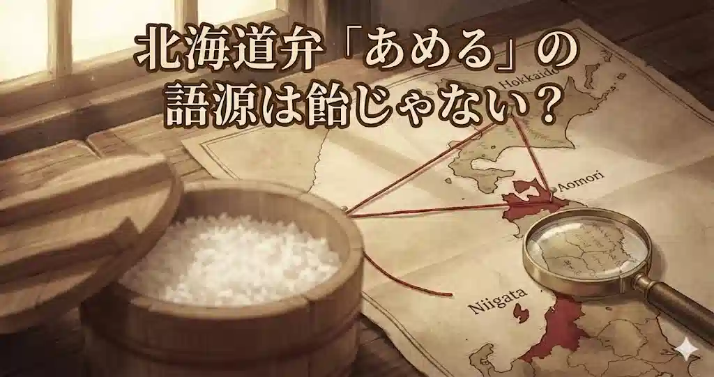 北海道、青森、新潟をつなぐ赤い糸が引かれた古地図と、手前に置かれたお櫃に入ったご飯のイラスト。