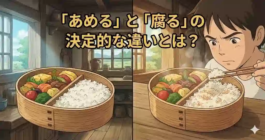 新鮮なお弁当と、夏の暑さで少し傷み始めたお弁当を対比させ、「あめる」予兆を確認している人物のイラスト