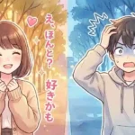 笑顔で話す女性と、その言葉を誤解して混乱している男性の対比イラスト。仙台の街並みを背景に、恋愛のすれ違いをコミカルかつ可愛らしく表現したアイキャッチ。