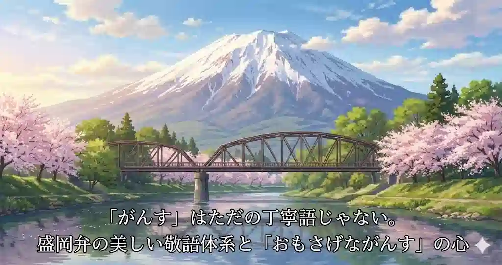 岩手山を背景に北上川が流れる、盛岡の美しく穏やかな風景。
