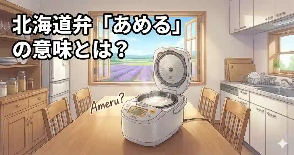 夏の北海道のキッチンで、炊飯器の中のご飯が少し傷んで糸を引いている様子と、窓の外に広がる北海道の美しい風景。