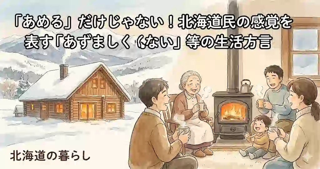 雪深い北海道の風景の中、暖かい家で家族が談笑している様子を描いた、ジブリ風のアニメーションイラスト。