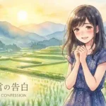 夕暮れの茨城の田園風景を背景に、頬を赤らめて告白しようとしている日本人の若い女性のアニメイラスト