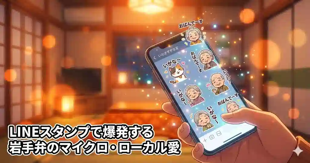 スマートフォンの画面から飛び出す、可愛らしい岩手弁のLINEスタンプ（猫や高齢者のキャラクター）と、それを楽しむ若者の手元。