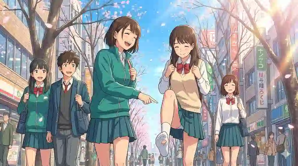 仙台の並木道を歩く楽しそうな高校生たちのアニメイラスト。一人がジャージ（ジャス）を着て、友人の靴下の穴（おはよう靴下）を指さして笑っている様子。