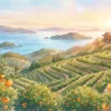 愛媛県の美しい風景。手前には鮮やかなミカン、奥には瀬戸内海と道後温泉の建物が見え、温かい日差しに包まれているイラスト。