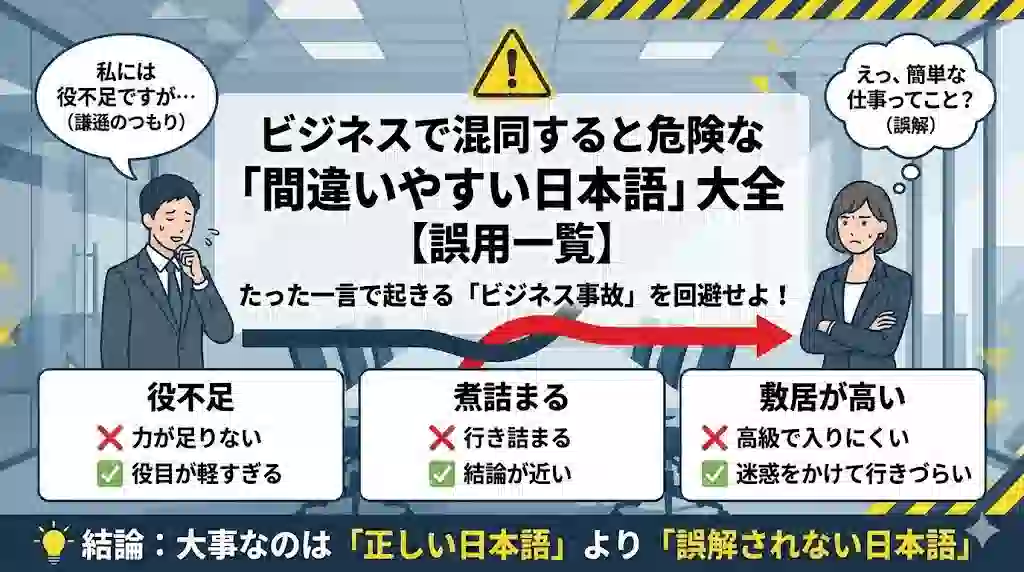 ビジネスで混同すると危険な「間違いやすい日本語」大全のアイキャッチ画像。「役不足」「煮詰まる」「敷居が高い」のよくある誤用と正しい意味、それによって生じるビジネス上の誤解をイラストと表で解説。結論として「大事なのは『正しい日本語』より『誤解されない日本語』」と記載されている。