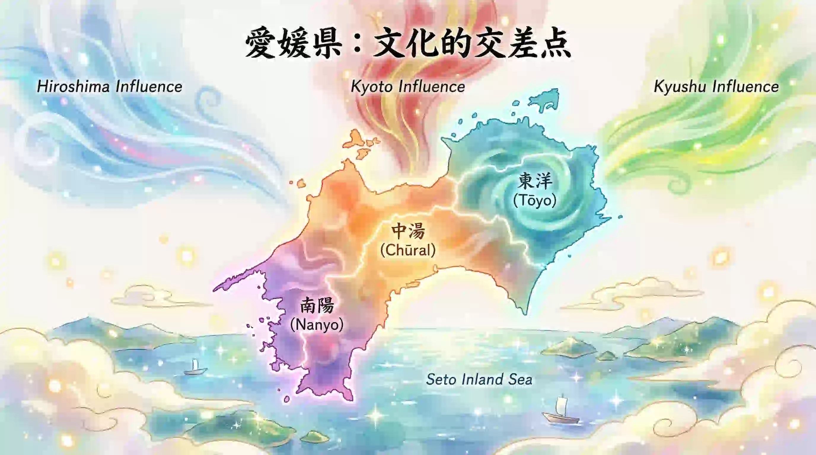 愛媛県の地図が3つのエリアに色分けされ、広島・京都・九州の3方向から文化の風が吹き込んでいる様子を描いた、幻想的で美しいアイキャッチイラスト。