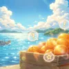 瀬戸内海を背景に、木箱に入った愛媛みかんと、クイズを連想させる吹き出しが浮かんでいる明るいアニメ調のイラスト。