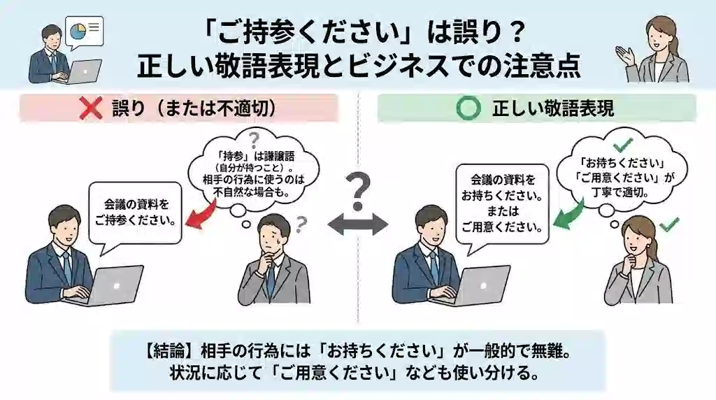 「『ご持参ください』は誤り？正しい敬語表現とビジネスでの注意点」と題されたインフォグラフィック。左側は「誤り（または不適切）」として、「会議の資料をご持参ください」というメッセージにバツ印があり、「『持参』は謙譲語（自分が持つこと）。相手の行為に使うのは不自然な場合も」と説明。右側は「正しい敬語表現」として、「会議の資料をお持ちください、または、ご用意ください」というメッセージにマル印があり、「『お持ちください』『ご用意ください』が丁寧で適切」と説明されている。下部には「【結論】相手の行為には『お持ちください』が一般的で無難。状況に応じて『ご用意ください』なども使い分ける」とまとめられている。