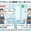「『お召し上がり下さい』は二重敬語？正しい言い方と注意点を解説」と題されたインフォグラフィック。左側は「？二重敬語？」とあり、困った顔のウェイターが料理を運びながら「こちら、お召し上がり下さい」と述べているイラスト。下部に「『召し上がる』＋『お～ください』で二重敬語の可能性」と説明がある。右側は「✓正しい言い方」とあり、笑顔のウェイターが料理を運びながら「こちら、召し上がってください」と述べているイラスト。下部に「シンプルに『召し上がってください』や『どうぞ』が自然で適切」と説明がある。最下部には「注意点：相手や状況に合わせて使い分ける」と記載されている。