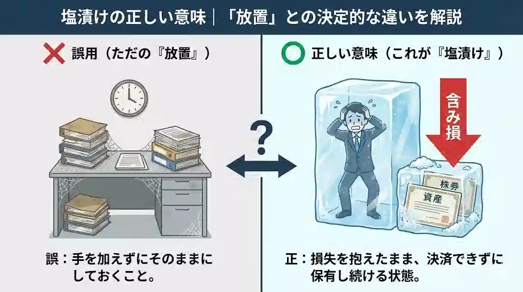 「塩漬けの正しい意味｜『放置』との決定的な違いを解説」と題されたインフォグラフィック。左側は「誤用（ただの『放置』）」として、埃と蜘蛛の巣だらけの書類が積まれた机のイラストにバツ印があり、「誤：手を加えずにそのままにしておくこと。」と説明。右側は「正しい意味（これが『塩漬け』）」として、氷の塊に閉じ込められ困惑するビジネスマンと、「含み損」と書かれた赤い矢印が刺さった凍った株券・資産のイラストにマル印があり、「正：損失を抱えたまま、決済できずに保有し続ける状態。」と説明されている。