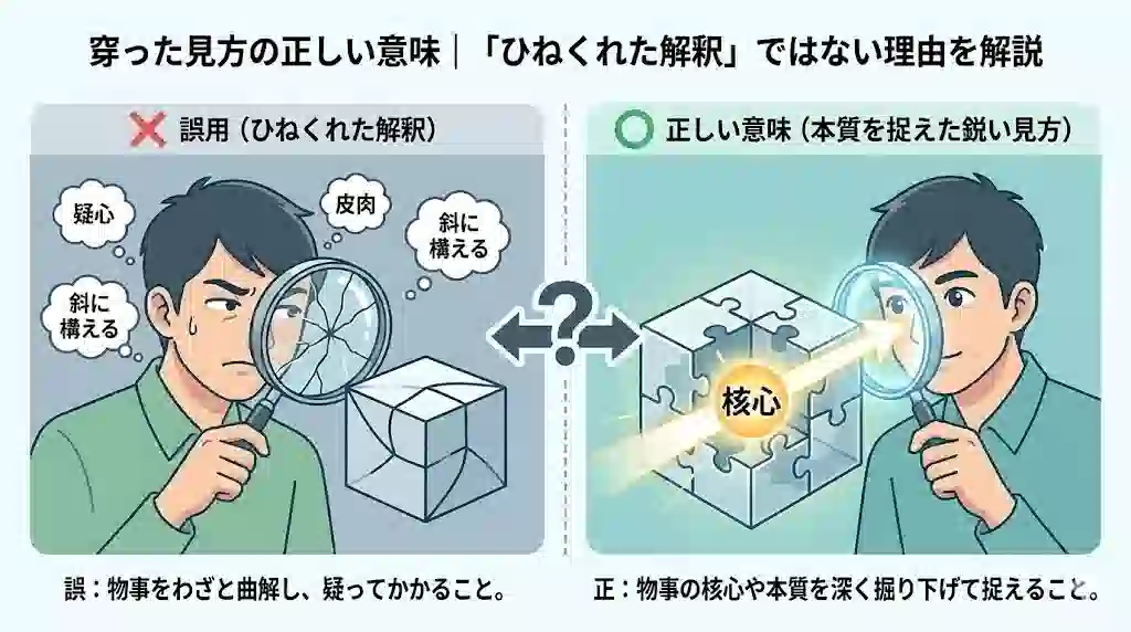 「穿った見方の正しい意味｜『ひねくれた解釈』ではない理由を解説」と題されたインフォグラフィック。左側は「誤用（ひねくれた解釈）」として、ひび割れた虫眼鏡でねじれた立方体を見る人物のイラストに「疑心」「皮肉」「斜に構える」という吹き出しがあり、「誤：物事をわざと曲解し、疑ってかかること。」と説明。右側は「正しい意味（本質を捉えた鋭い見方）」として、透明な虫眼鏡でパズルの中心にある「核心」を見抜く人物のイラストがあり、「正：物事の核心や本質を深く掘り下げて捉えること。」と説明されている。