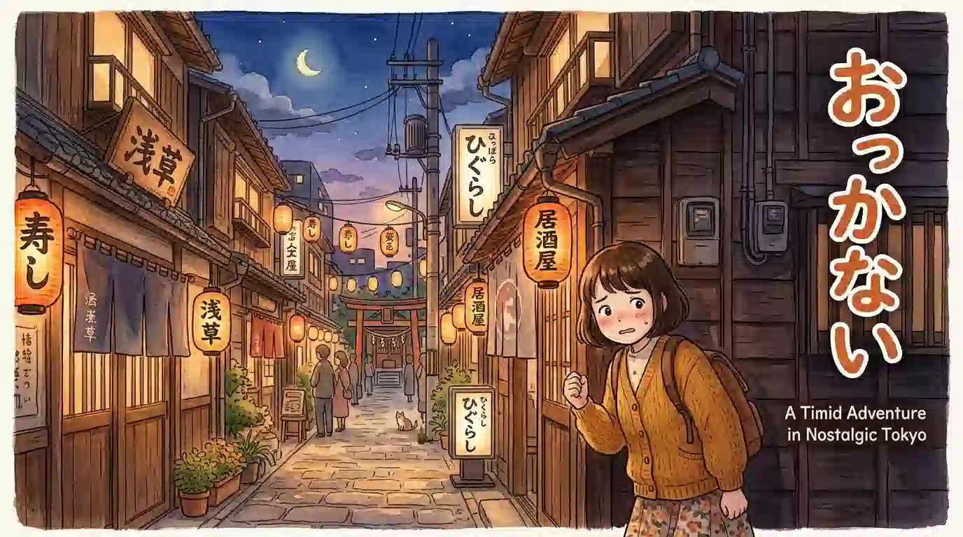 浅草・上野周辺の東京下町風景をイメージした水彩風イラスト。昭和レトロな木造建築と提灯が灯る路地裏で、心配そうな表情をしたキャラクターが角から覗いている。「おっかない」の文字が温かみのある筆文字で配置されたブログアイキャッチ画像（16:9）